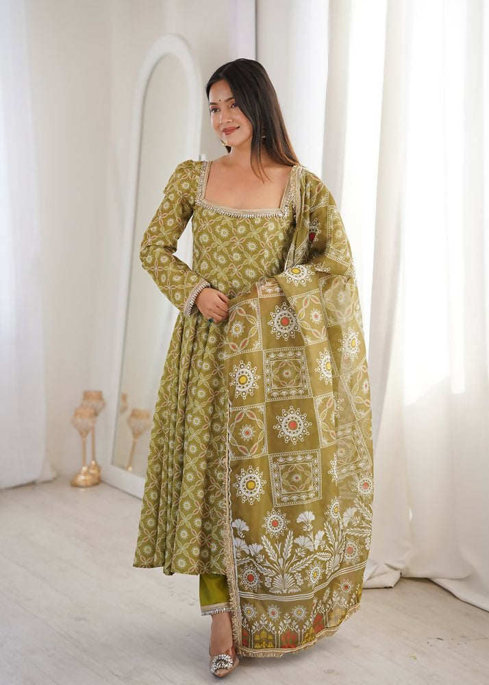 Teeya Creation Olive Green Floral Printed Anarkali Suit with Detailed Square Neckline | Grocsy