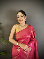 Joban Fashion Rani Pink Floral & Paisley Motifs Soft Satin Silk Banarasi Saree | Grocsy