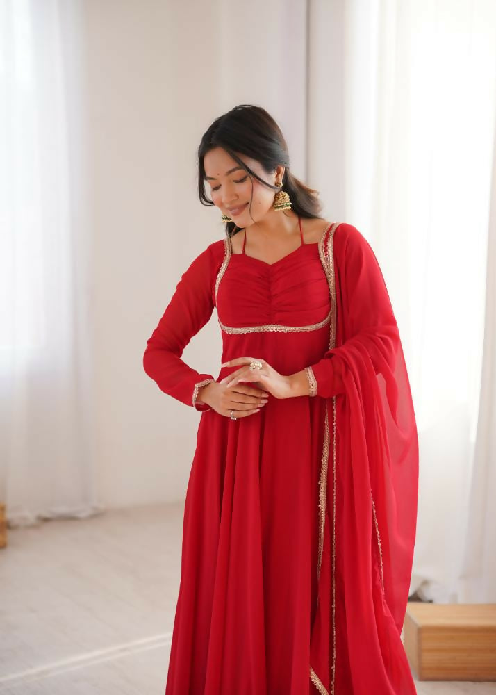 The52 Women's Gorgeous Solid Fox Blooming Georgette Fabric Flared Anarkali and Dupatta Set-Red | Grocsy
