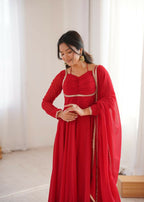 The52 Women's Gorgeous Solid Fox Blooming Georgette Fabric Flared Anarkali and Dupatta Set-Red | Grocsy