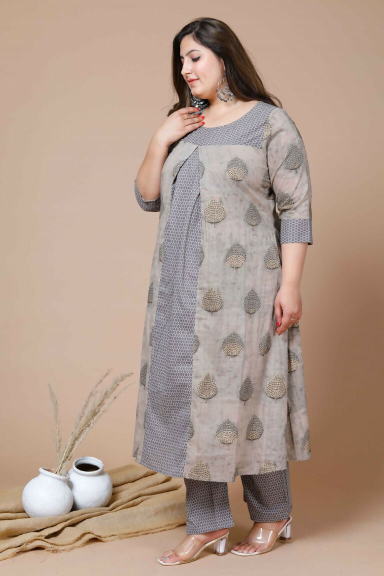 Miravan Women's Plus Size Beige Floral Printed Pure Cotton A-Line Kurta With Palazzo | Grocsy