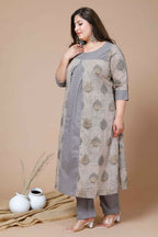 Miravan Women's Plus Size Beige Floral Printed Pure Cotton A-Line Kurta With Palazzo | Grocsy