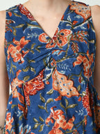 Myshka Women's Blue Floral Printed A-Line Dress | Grocsy