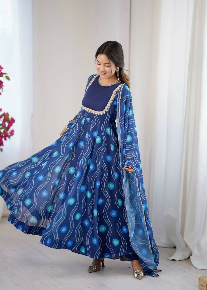 Teeya Creation Blue Faux Georgette Party Wear Digital Print Long Gown | Grocsy