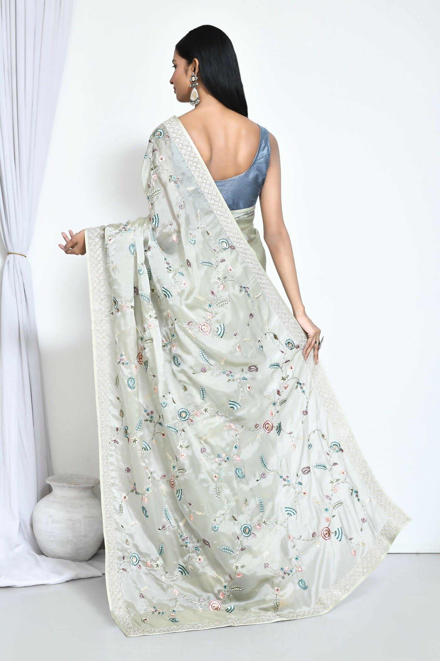 Green Satin Silk Sequence Embroidered With Stone Work Festive Saree - Nimaya Denzy | Grocsy
