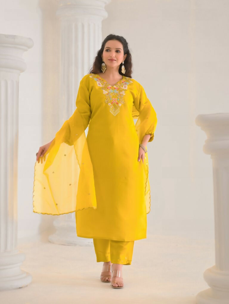 Ethnic Festive Wear Viscose Chanderi Yellow Stitched Suit With Dupatta - Tanisha | Grocsy