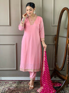 Partywear Designer Viscose Silk Blend Pink Stitched Suit With Dupatta - Tanisha | Grocsy