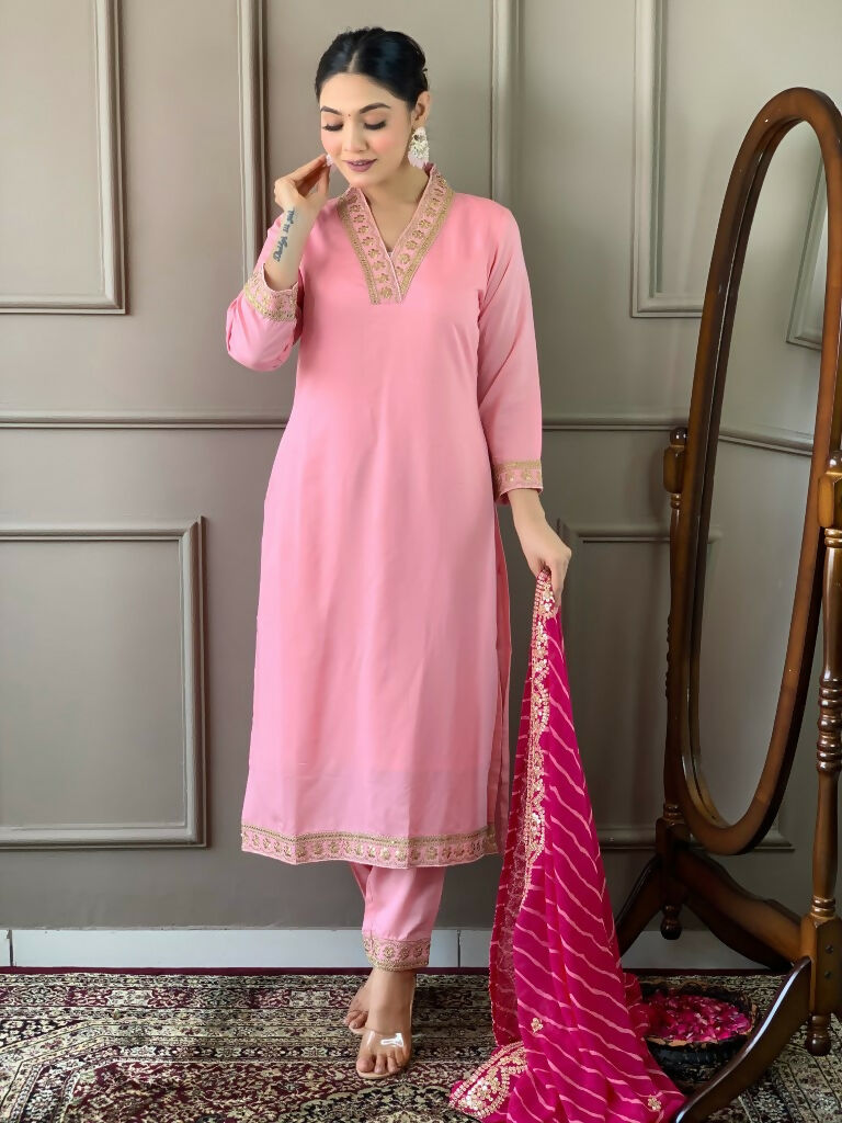 Partywear Designer Viscose Silk Blend Pink Stitched Suit With Dupatta - Tanisha | Grocsy