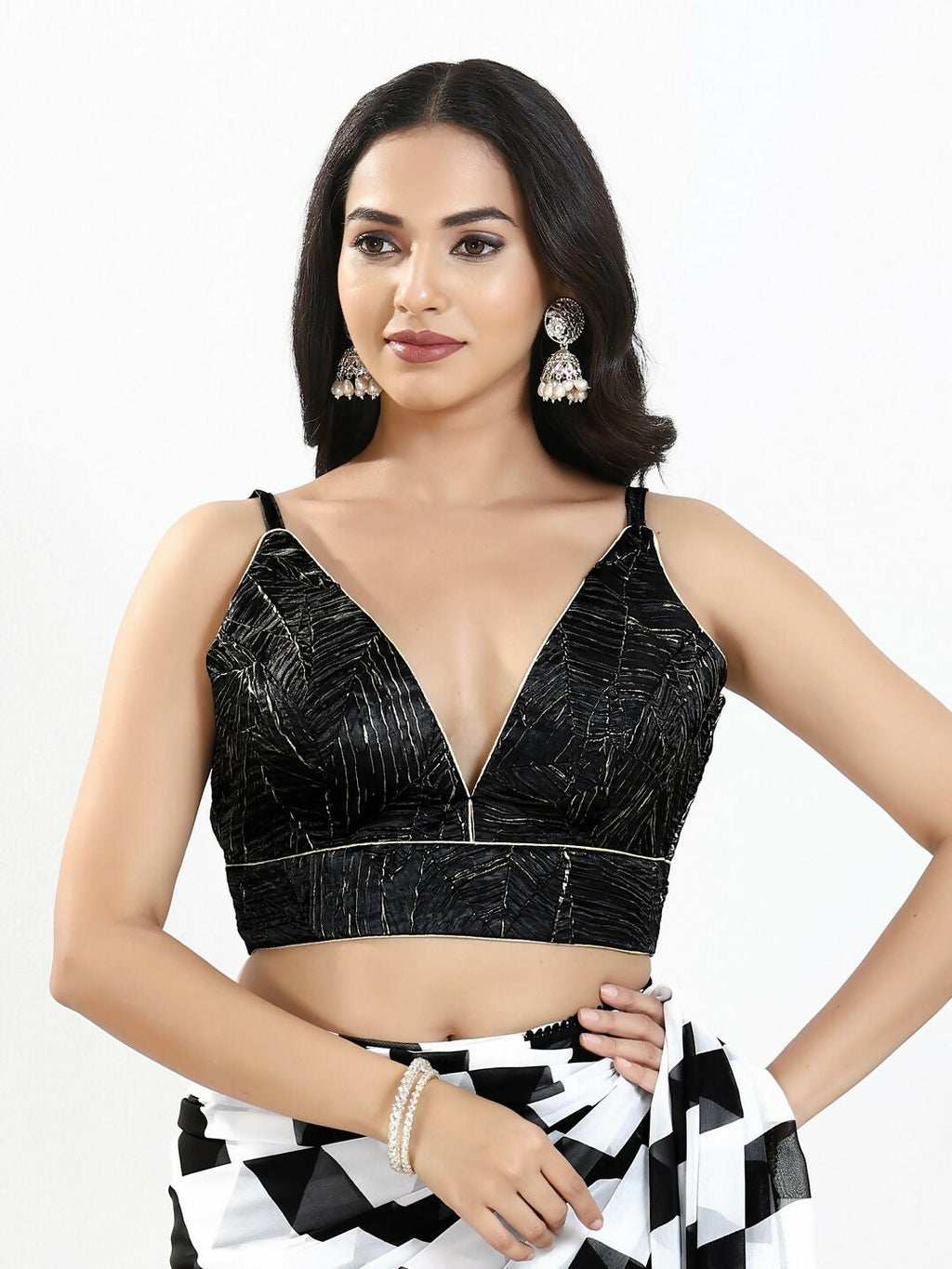 Joban Fashion Black Satin Crush Padded Blouse With V Neck Sleeveless | Grocsy