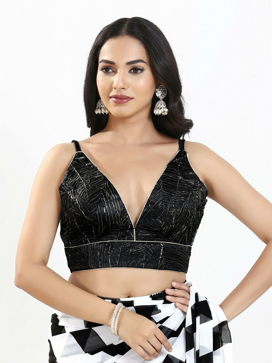 Joban Fashion Black Satin Crush Padded Blouse With V Neck Sleeveless | Grocsy