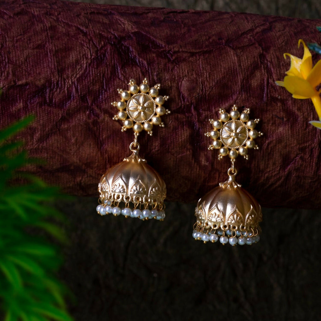 Joban Fashion Women Matte Gold Brass Jhumka | Grocsy