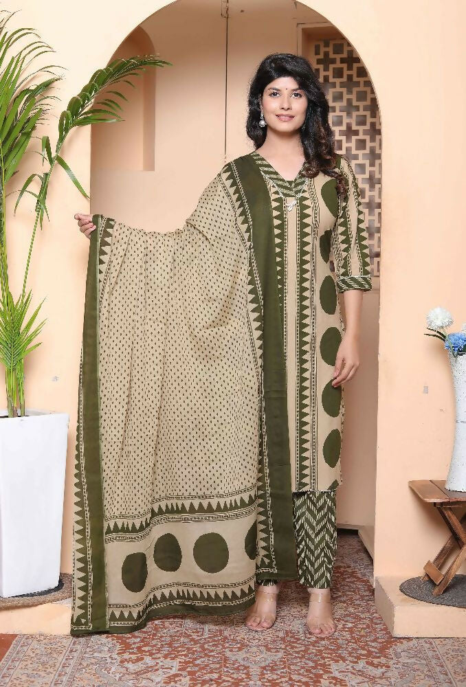Miravan Womens Polka Dot Printed V-Neck Kurta With Palazzo And Dupatta Set | Grocsy