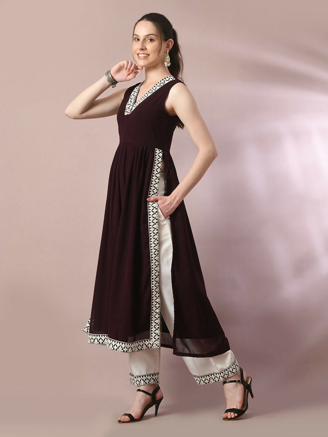 Myshka Women's Coffee Brown Solid Georgette Anarkali Party Kurta Set | Grocsy