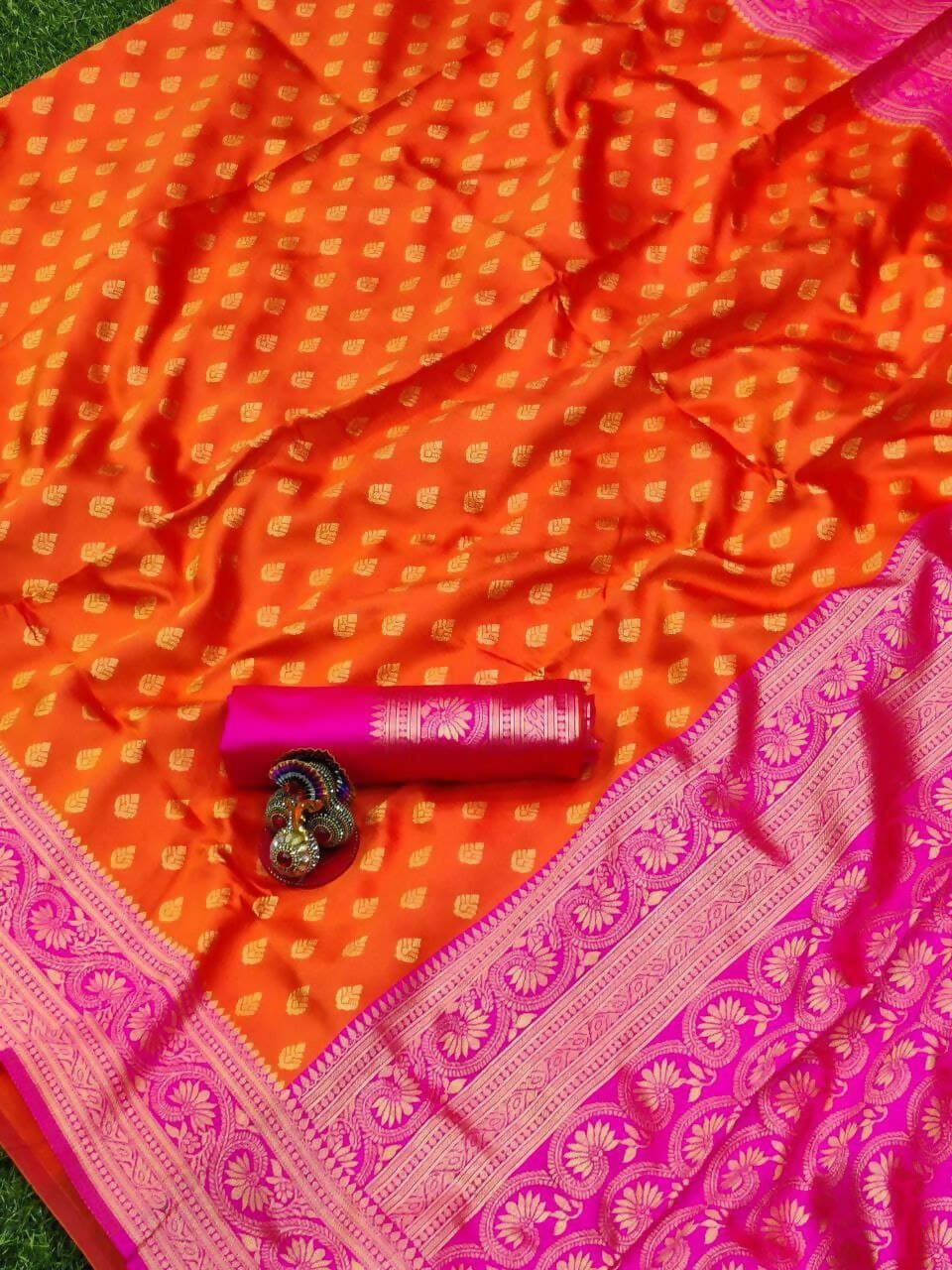 DEIANA'S Beautiful Designer Golden zari Soft Lichi Silk Saree - Orange | Grocsy