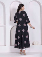 Miravan Womens Cotton Floral Print Anarkali Kurta-Black | Grocsy