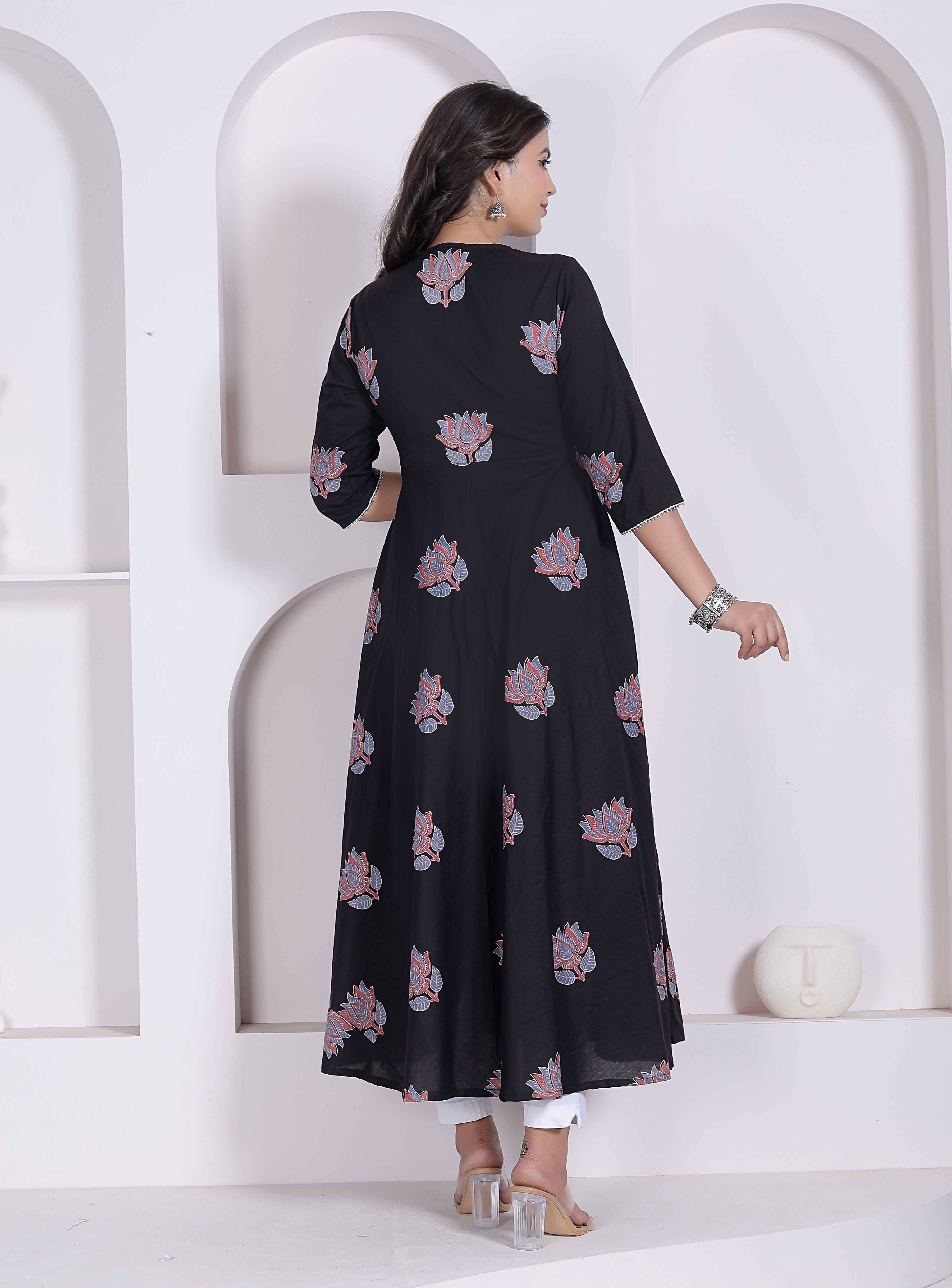 Miravan Womens Cotton Floral Print Anarkali Kurta-Black | Grocsy