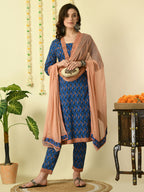 Myshka Women's Blue Pure Cotton Kurta & Trousers With Dupatta Party Sets | Grocsy