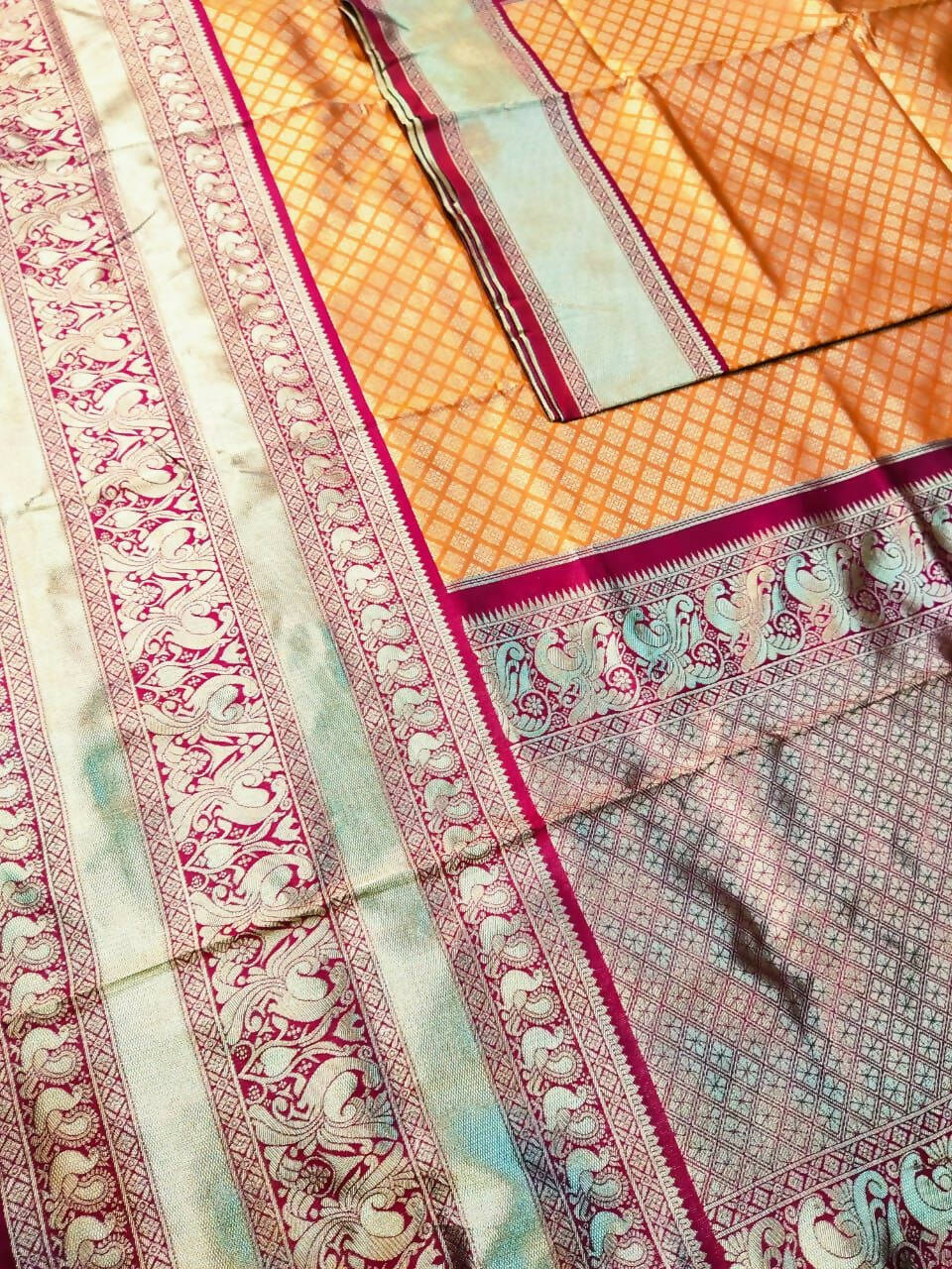DEIANA'S Beautiful Designer Golden zari Soft Lichi Silk Saree - Orange | Grocsy