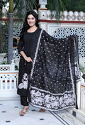 Miravan Women's Black Pintucks Detailing Straight Kurta and Palazzo with Dupatta Set | Grocsy