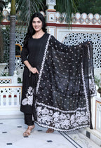 Miravan Women's Black Pintucks Detailing Straight Kurta and Palazzo with Dupatta Set | Grocsy