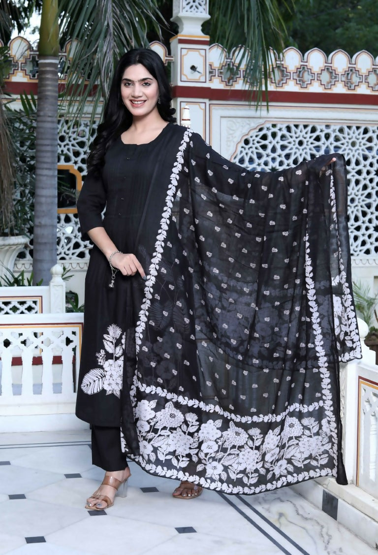 Miravan Women's Black Pintucks Detailing Straight Kurta and Palazzo with Dupatta Set | Grocsy