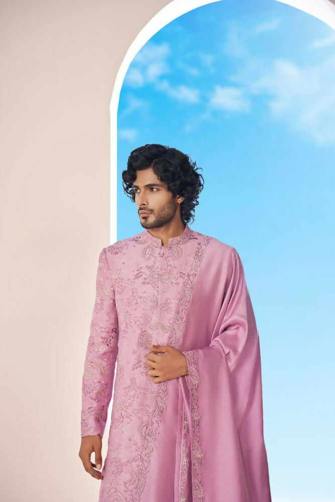 Majestic Orchid Falling Raw Silk Sherwani Set With Intricate Embroidery And Draped Dupatta by Hilo Design | Grocsy