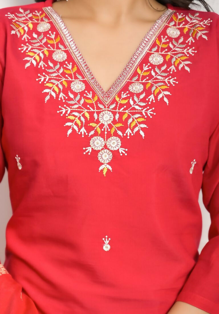 Festive Wear Ethnic Red Viscose Chanderi Stitched Suit With Dupatta - Tanisha | Grocsy