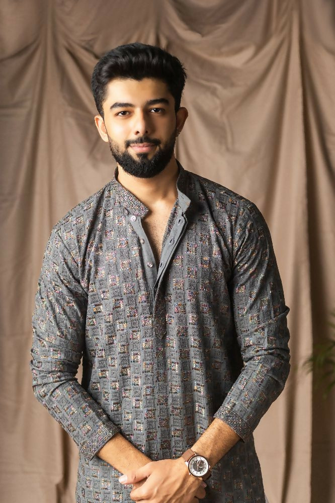 Grey Rayon Thread Embroidery Work Kurta Set - Mahotsav | Grocsy
