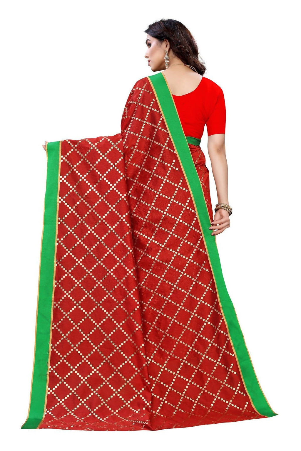 Vamika Red Linen Foil Print Saree (YOGI RED) | Grocsy