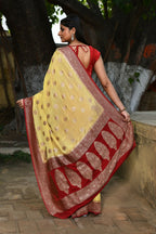 Joban Fashion Pale Yellow Crepe Chiffon Pure Handloom Banarasi Silk Saree | Grocsy