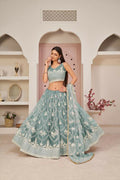 Aastha Fashion Ocean Blue Butterfly Net White Cotton Thread Work, Zari Work And Sandwich Sequence Work Embroidery Wedding Wear Lehenga Choli | Grocsy