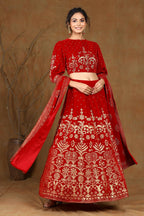 Juniper Women Maroon Velvet Printed Flared Lehenga Choli Sets | Grocsy