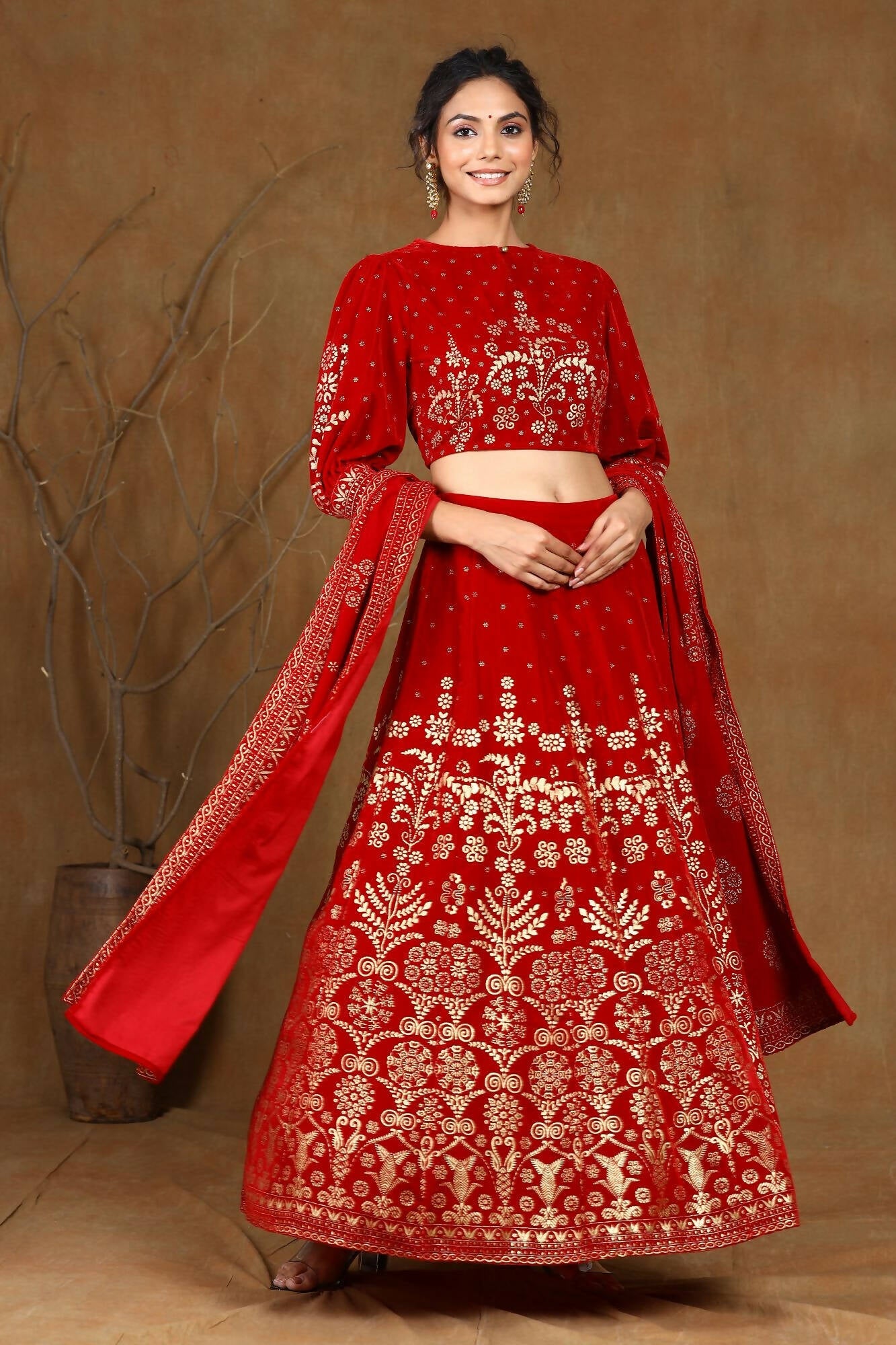 Juniper Women Maroon Velvet Printed Flared Lehenga Choli Sets | Grocsy