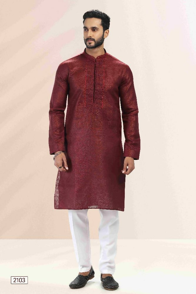 Raivat Ethnic Linen Cotton Pintux Work Kurta Pajama In Maroon Colour | Grocsy