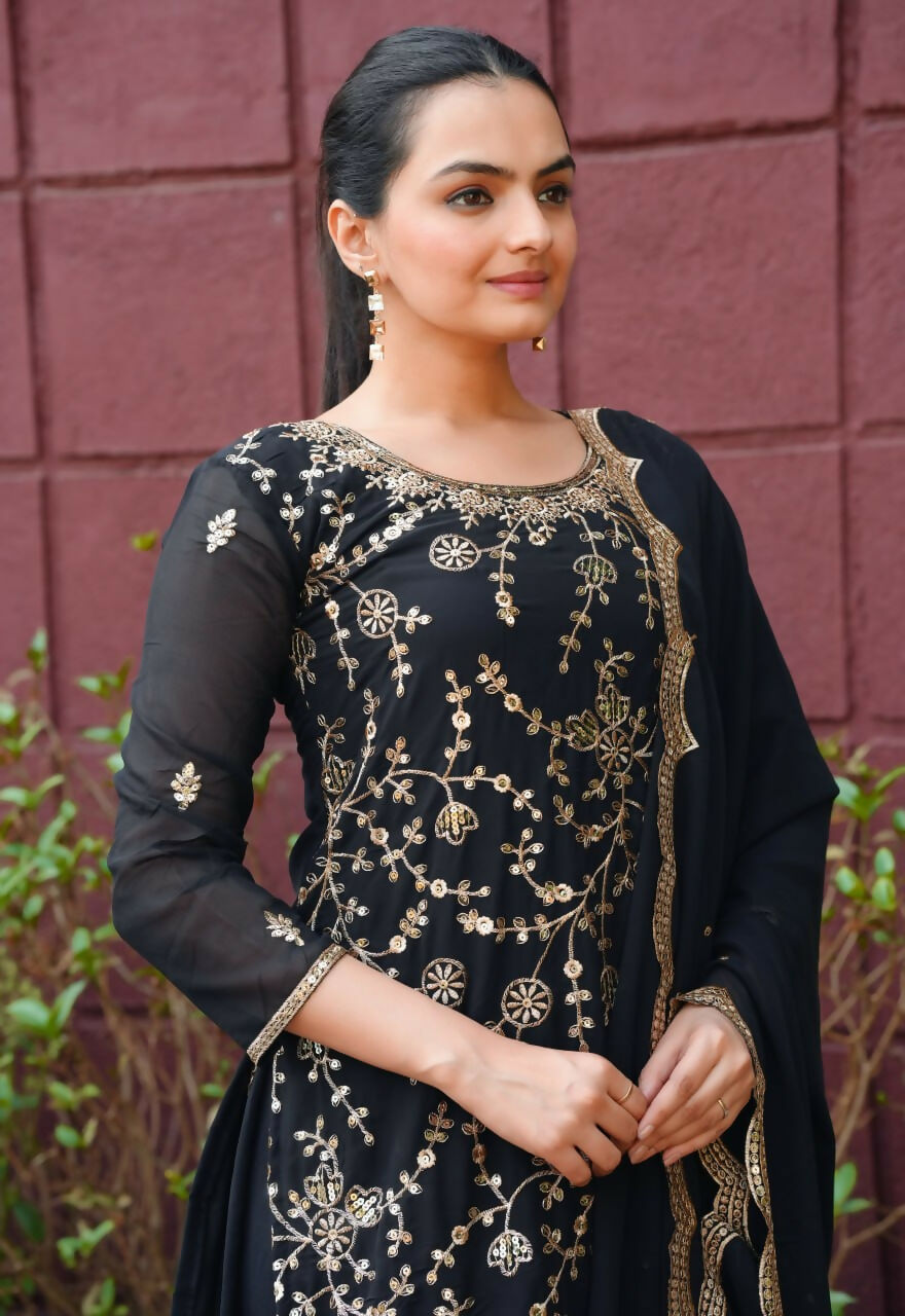 Joban Fashion Black Georgette Embroidered Sharara Set | Grocsy