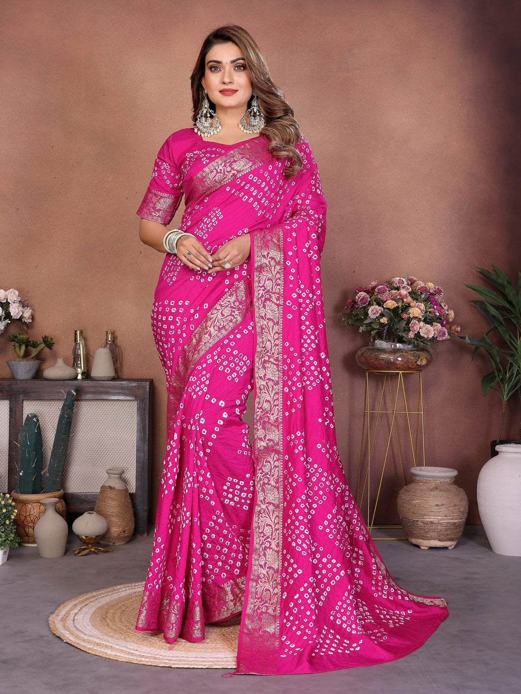 Aastha Fashion Pink Pure Dola Silk Handmade Original Bandhej Saree | Grocsy