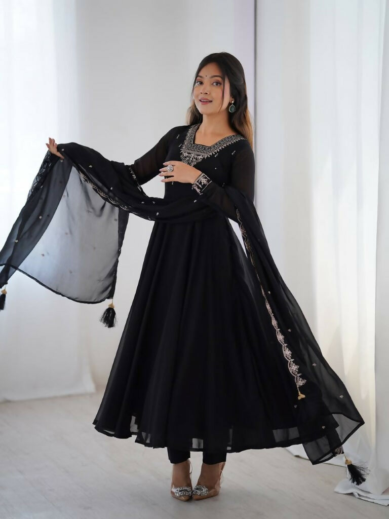 Teeya Creation Black Color Pure Soft Georgette Embroidery Work Gown | Grocsy
