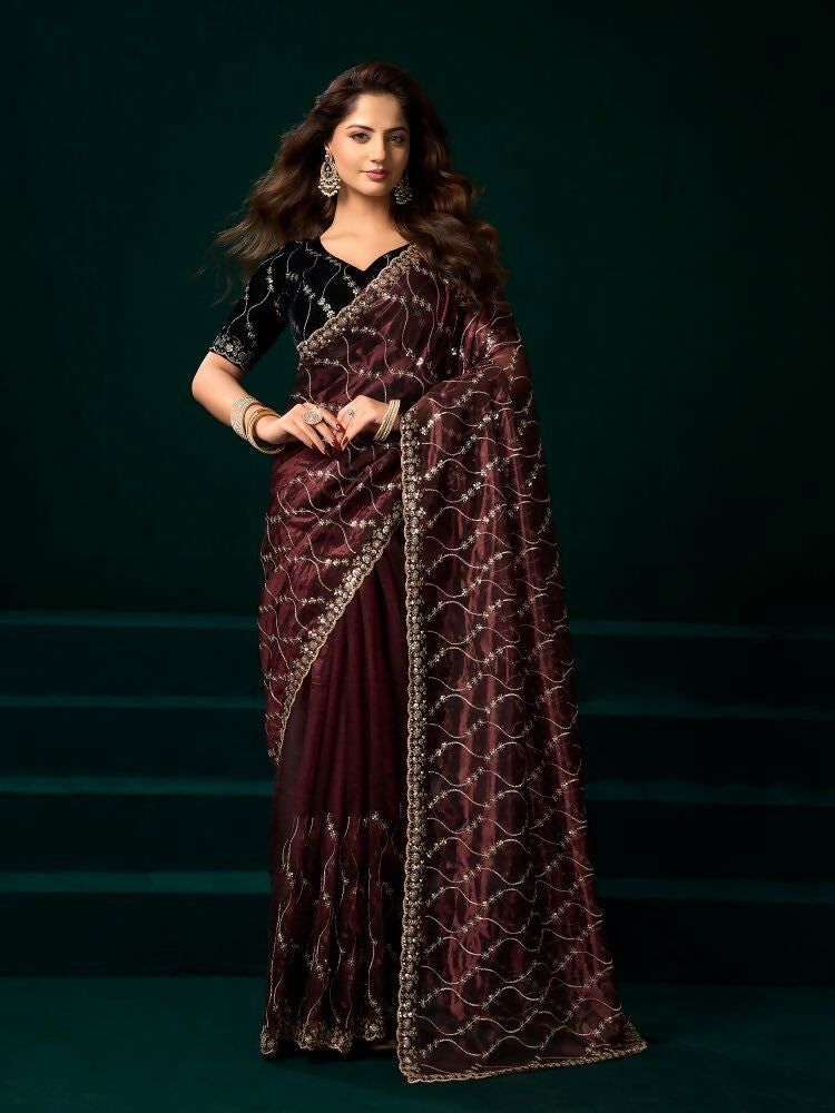 Joban Fashion Maroon Net Party Wear Sarees | Grocsy