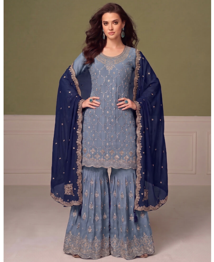KC Heavy Chinon Sky Blue Salwar Suit For Women Ethnic Wear | Grocsy