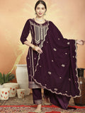 Jyoti Fashion Women's Wine Velvet Cording with Resham Thread & Sequin Kurta with Trouser & Dupatta | Grocsy
