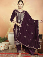 Jyoti Fashion Women's Wine Velvet Cording with Resham Thread & Sequin Kurta with Trouser & Dupatta | Grocsy