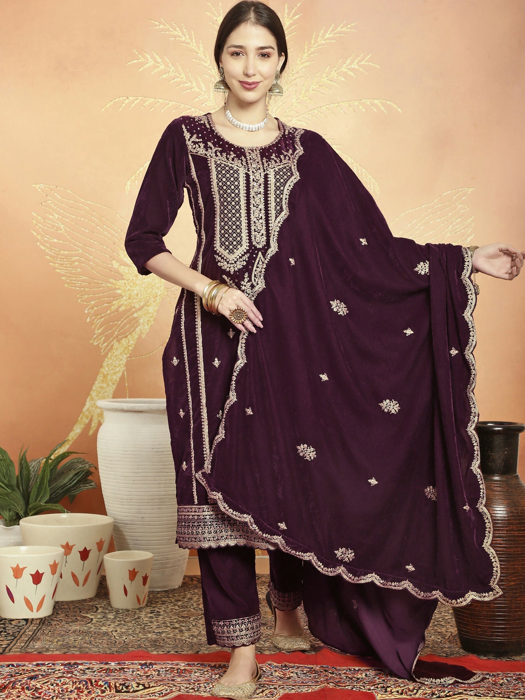 Jyoti Fashion Women's Wine Velvet Cording with Resham Thread & Sequin Kurta with Trouser & Dupatta | Grocsy