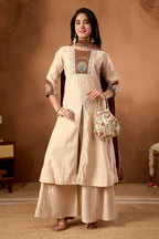 Lehenga Mart Designer Front-Slit Kurta, Paired With Wide-Leg Palazzo Pants And A Dupatta.-Cream | Grocsy