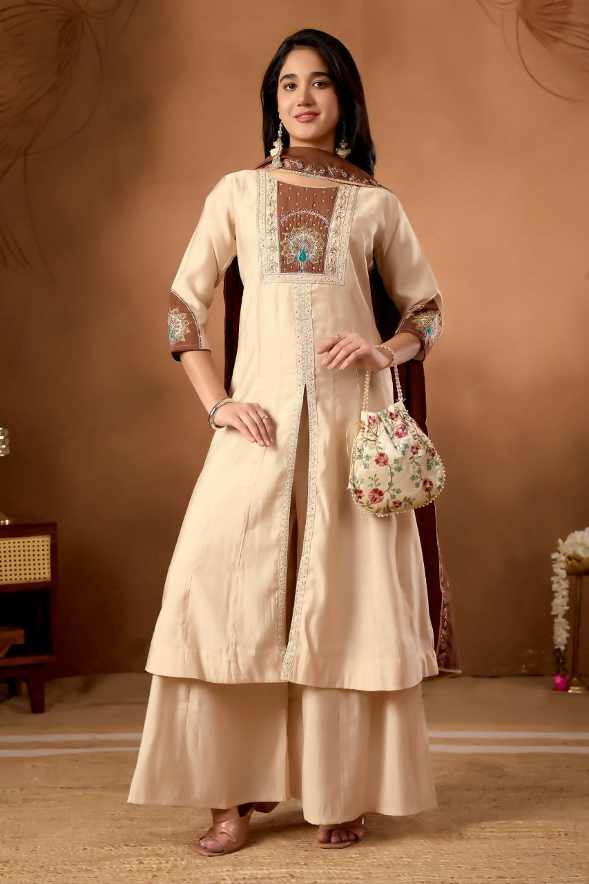 Lehenga Mart Designer Front-Slit Kurta, Paired With Wide-Leg Palazzo Pants And A Dupatta.-Cream | Grocsy
