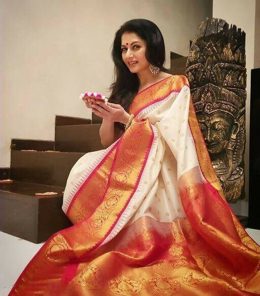 DEIANA'S Beautiful Designer Golden zari Soft Lichi Silk Saree - White | Grocsy
