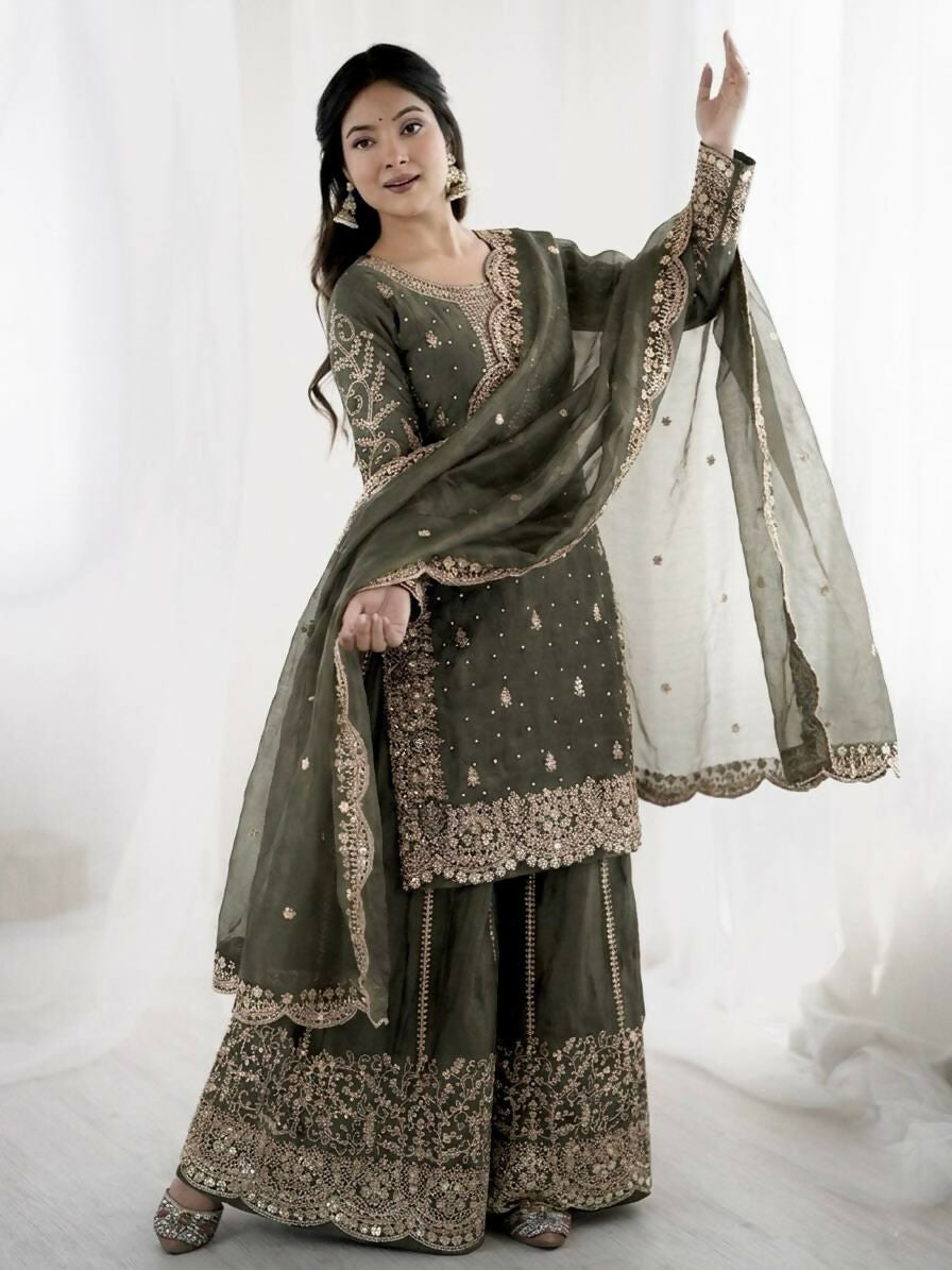 Teeya Creation Womens New Trendy Embroidery Coding And Sequence Work Grey Kurta Set | Grocsy