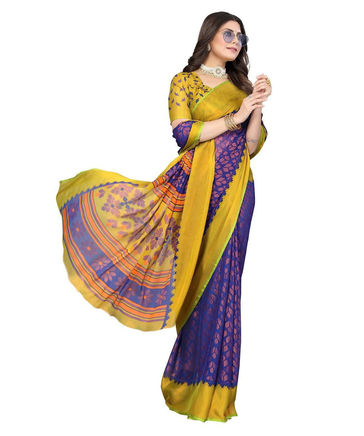 Vamika Blue Chiffon Brasso Bollywood Style Woven Saree (ALIZA BLUE) | Grocsy