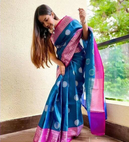 DEIANA'S Beautiful Designer Golden zari Soft Lichi Silk Saree - Blue | Grocsy