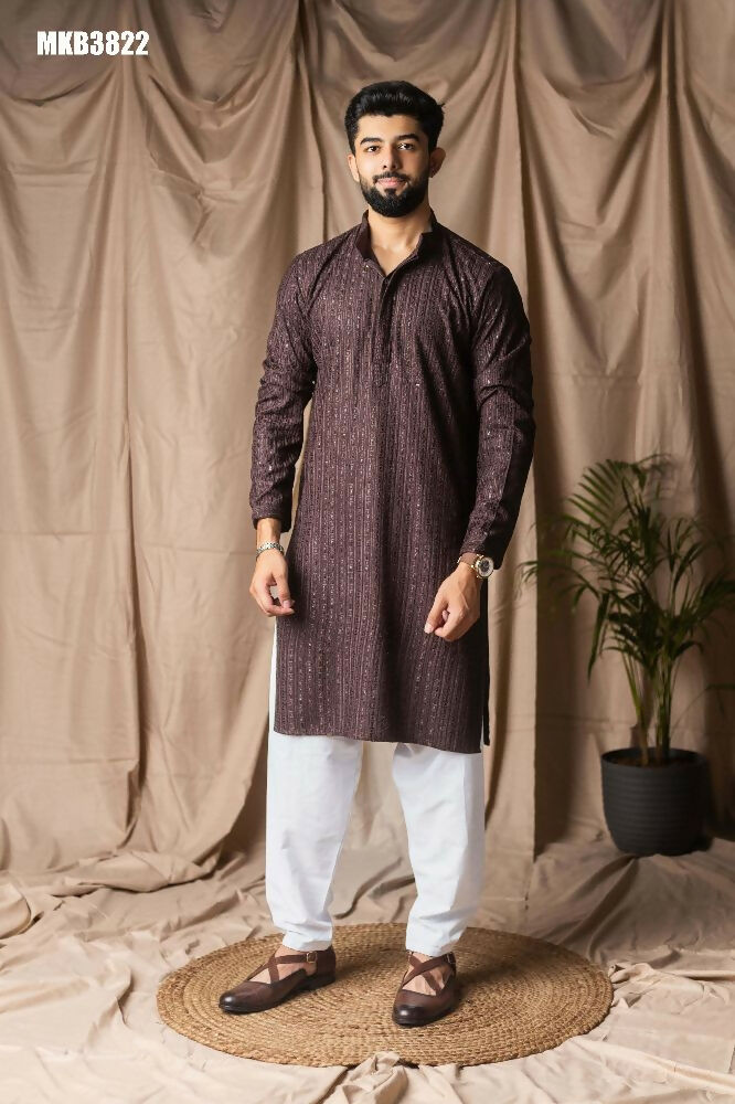 Dark Brown Rayon Thread Embroidery Work Kurta Set - Mahotsav | Grocsy