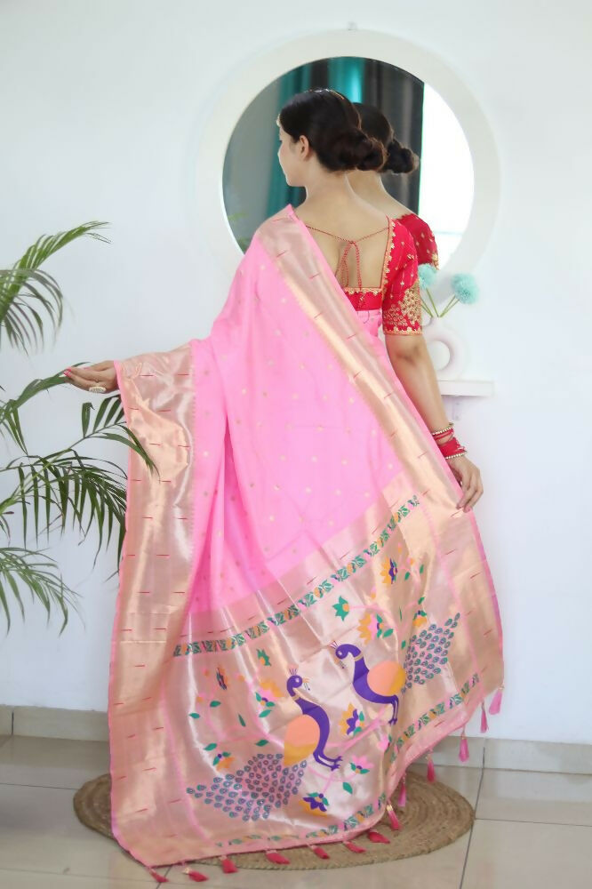 Pink Woven Jacquard Designer Embroidery Work Party Wear Saree - Parampara | Grocsy